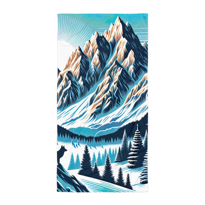 Vektorgrafik eines Wolfes im winterlichen Alpenmorgen, Berge mit Schnee- und Felsmustern - Handtuch berge xxx yyy zzz Default Title