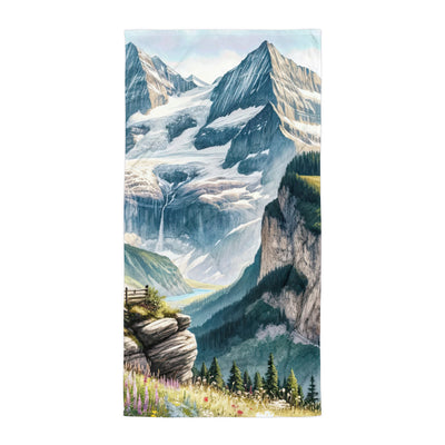 Aquarell-Panoramablick der Alpen mit schneebedeckten Gipfeln, Wasserfällen und Wanderern - Handtuch wandern xxx yyy zzz Default Title