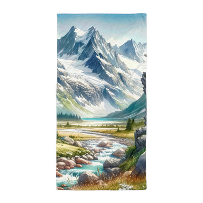 Aquarellmalerei eines Bären und der sommerlichen Alpenschönheit mit schneebedeckten Ketten - Handtuch camping xxx yyy zzz Default Title