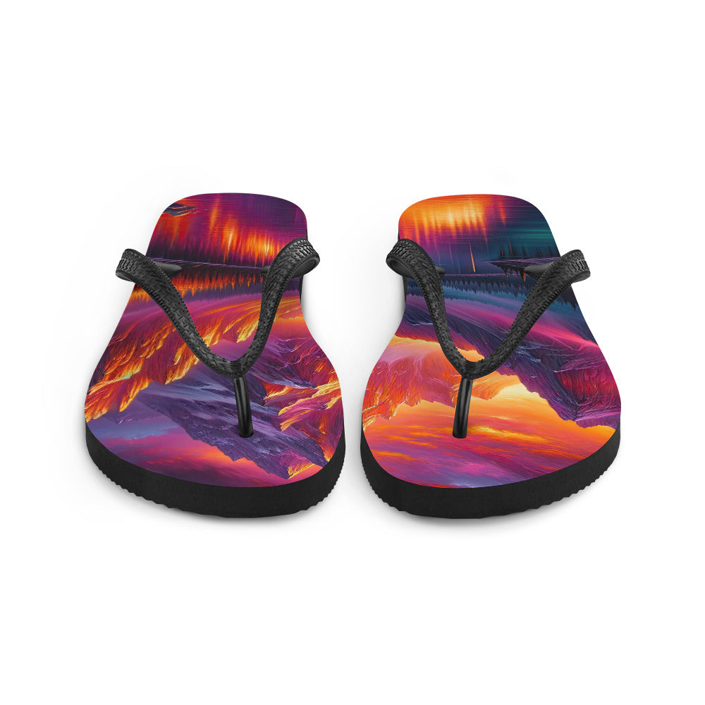 Ölgemälde eines Bootes auf einem Bergsee bei Sonnenuntergang, lebendige Orange-Lila Töne - Flip Flops berge xxx yyy zzz