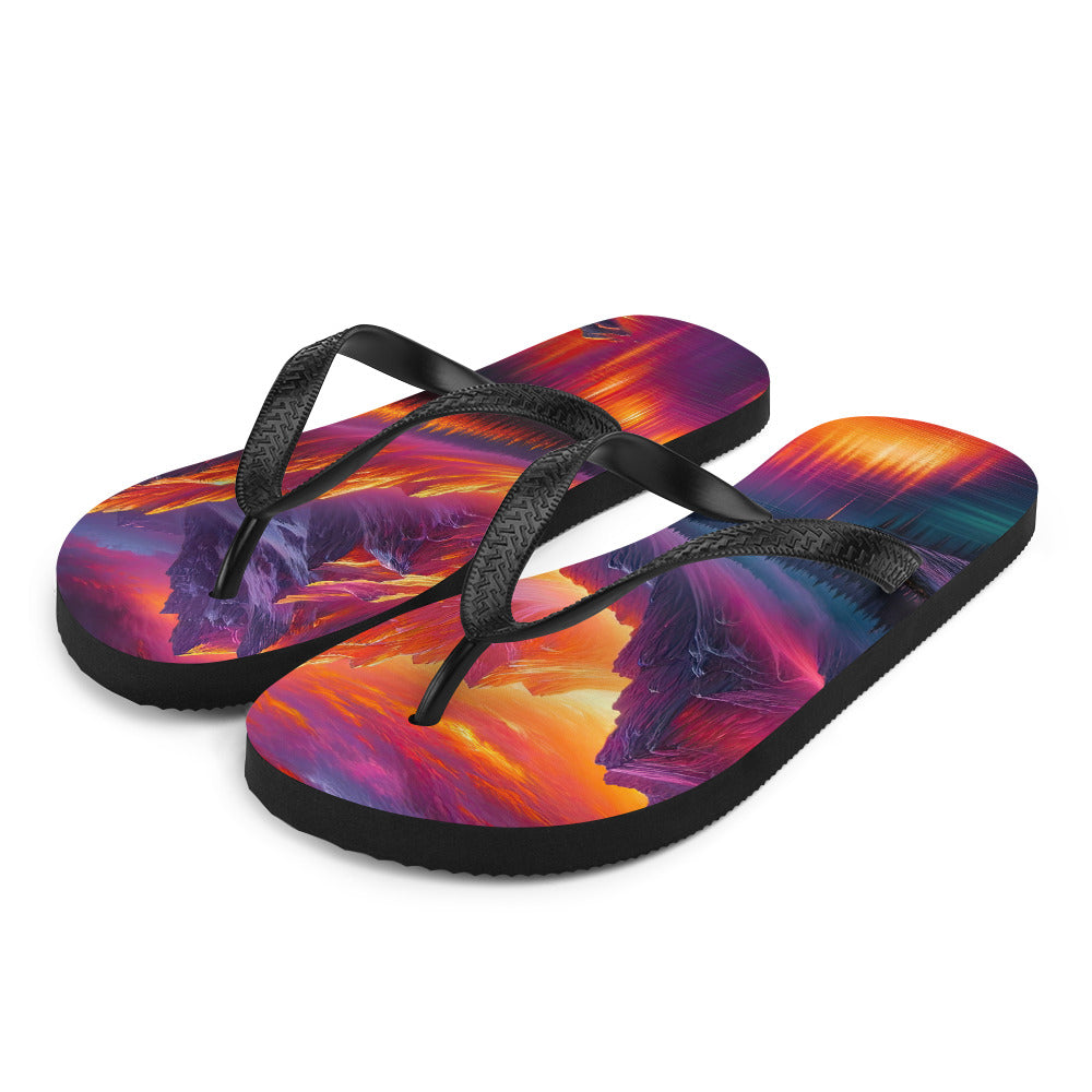 Ölgemälde eines Bootes auf einem Bergsee bei Sonnenuntergang, lebendige Orange-Lila Töne - Flip Flops berge xxx yyy zzz L