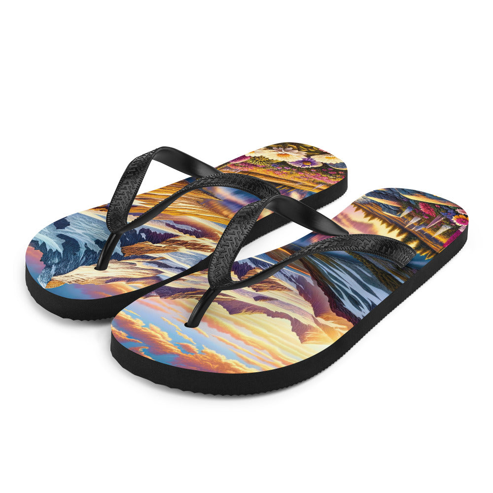 Quadratische Illustration der Alpen mit schneebedeckten Gipfeln und Wildblumen - Flip Flops berge xxx yyy zzz