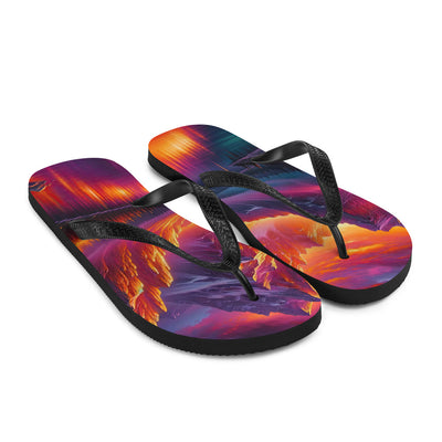 Ölgemälde eines Bootes auf einem Bergsee bei Sonnenuntergang, lebendige Orange-Lila Töne - Flip Flops berge xxx yyy zzz