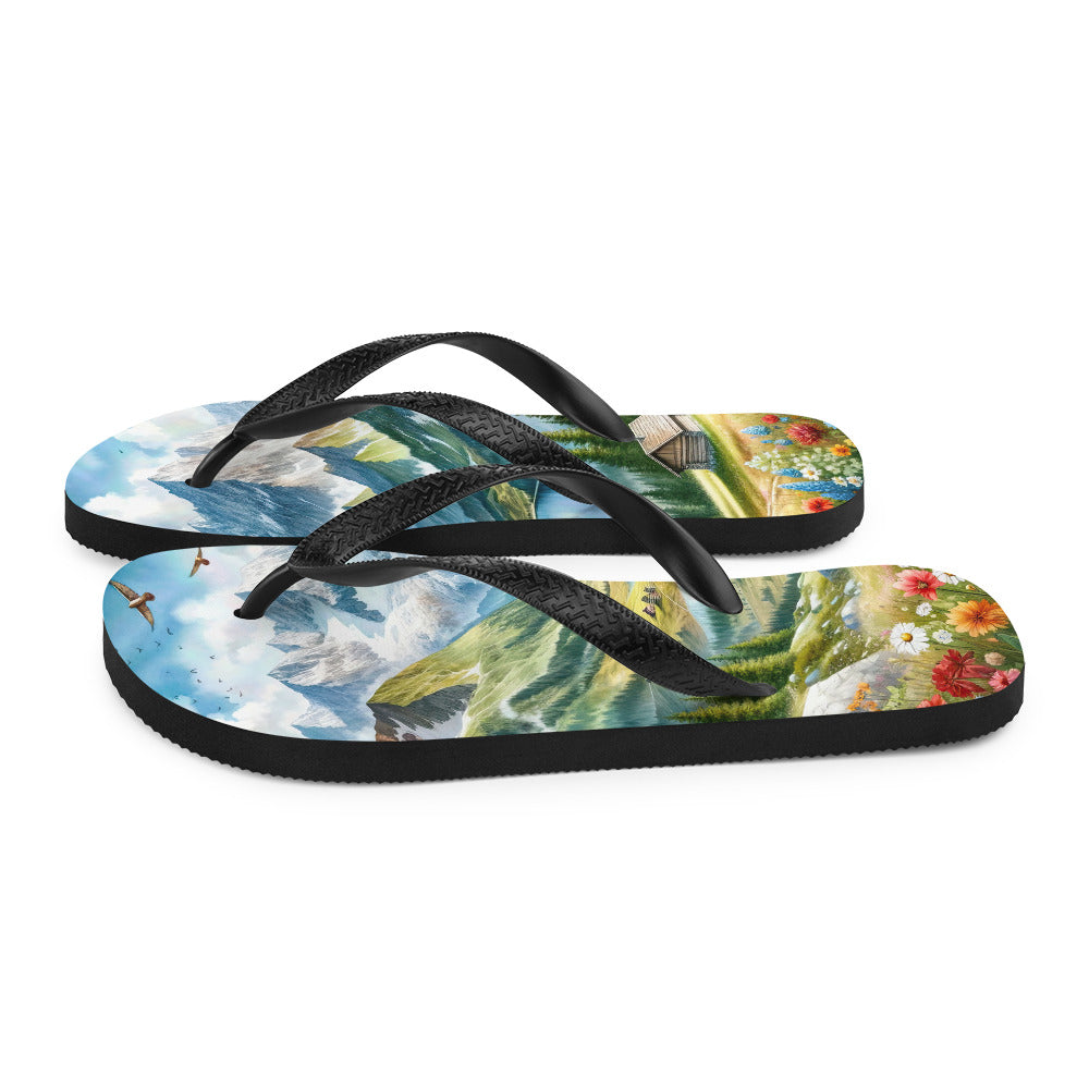 Quadratisches Aquarell der Alpen, Berge mit schneebedeckten Spitzen - Flip Flops berge xxx yyy zzz