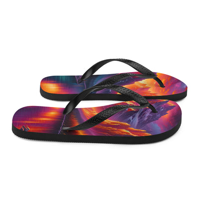 Ölgemälde eines Bootes auf einem Bergsee bei Sonnenuntergang, lebendige Orange-Lila Töne - Flip Flops berge xxx yyy zzz