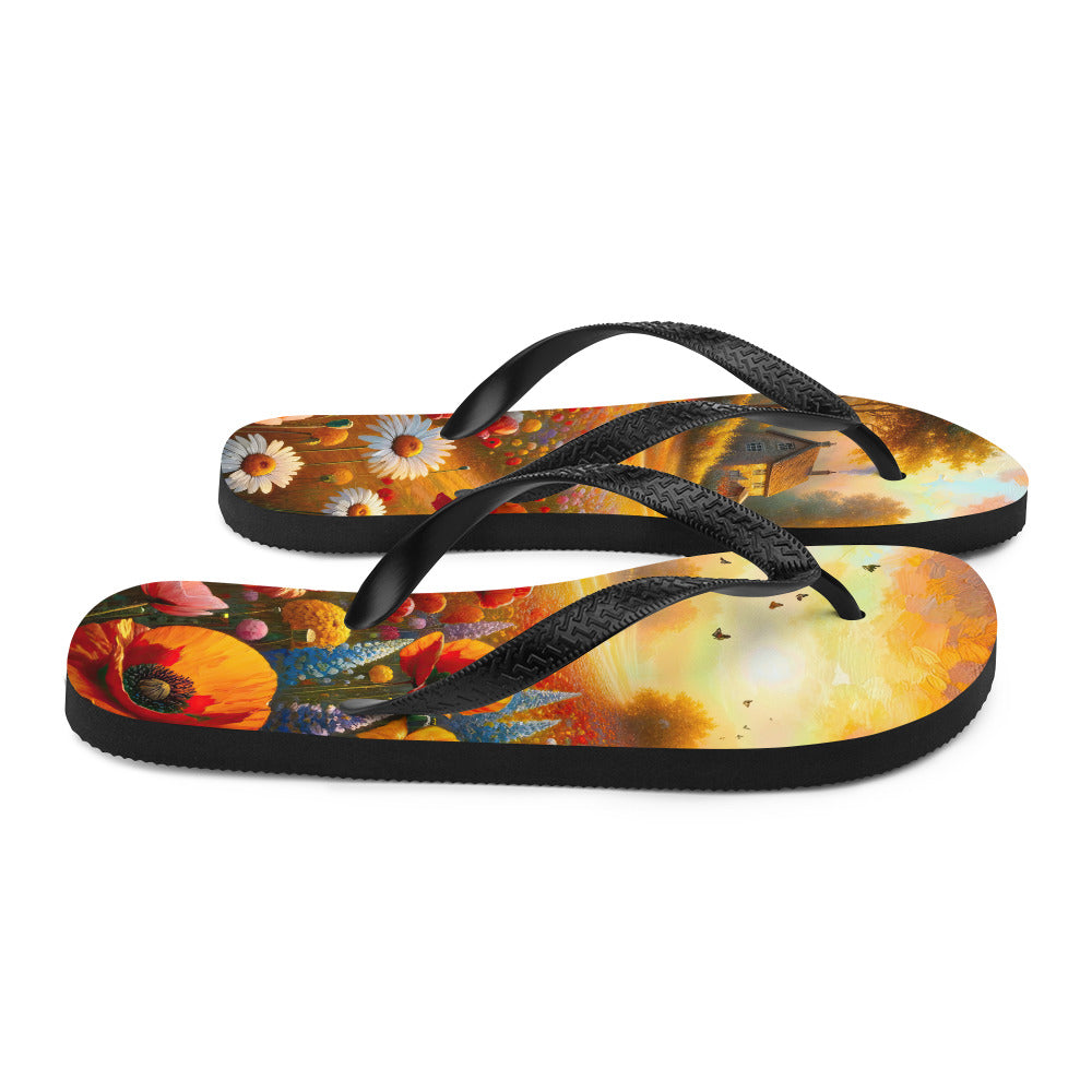 Ölgemälde eines Blumenfeldes im Sonnenuntergang, leuchtende Farbpalette - Flip Flops camping xxx yyy zzz