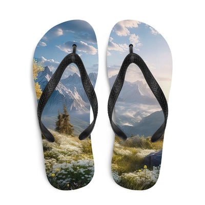 Berglandschaft mit Sonnenschein, Blumen und Bäumen - Malerei - Flip Flops berge xxx