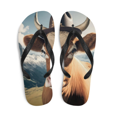 Kuh mit Hut in den Alpen - Berge im Hintergrund - Landschaftsmalerei - Flip Flops berge xxx