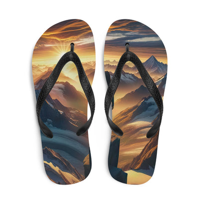 Fotorealistische Darstellung der Alpen bei Sonnenaufgang, Wanderin unter einem gold-purpurnen Himmel - Flip Flops wandern xxx yyy zzz