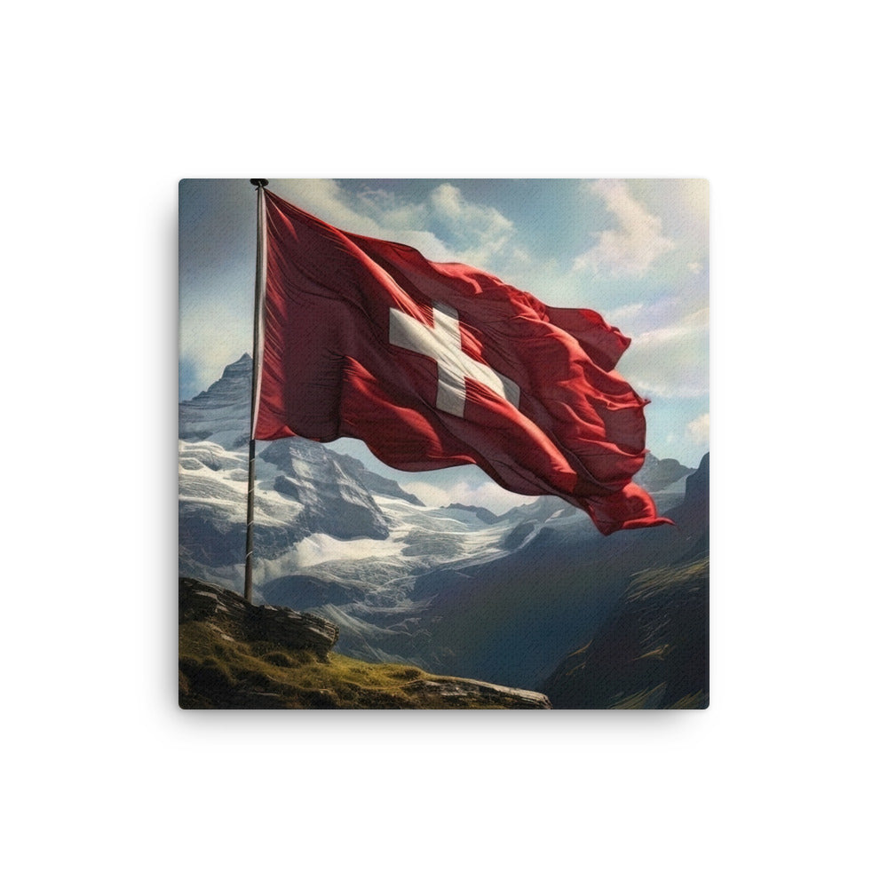 Schweizer Flagge und Berge im Hintergrund - Fotorealistische Malerei - Dünne Leinwand berge xxx 30.5 x 30.5 cm