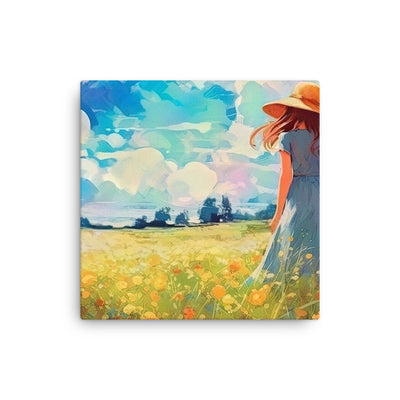 Dame mit Hut im Feld mit Blumen - Landschaftsmalerei - Dünne Leinwand camping xxx 30.5 x 30.5 cm