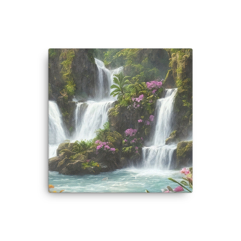 Wasserfall im Wald und Blumen - Schöne Malerei - Dünne Leinwand camping xxx 30.5 x 30.5 cm