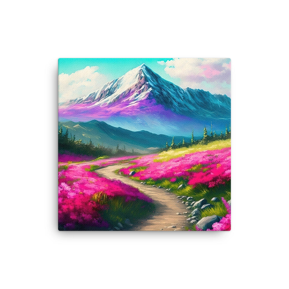 Berg, pinke Blumen und Wanderweg - Landschaftsmalerei - Dünne Leinwand berge xxx 30.5 x 30.5 cm
