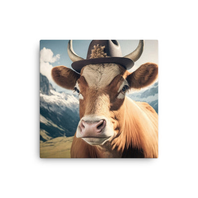 Kuh mit Hut in den Alpen - Berge im Hintergrund - Landschaftsmalerei - Dünne Leinwand berge xxx 30.5 x 30.5 cm