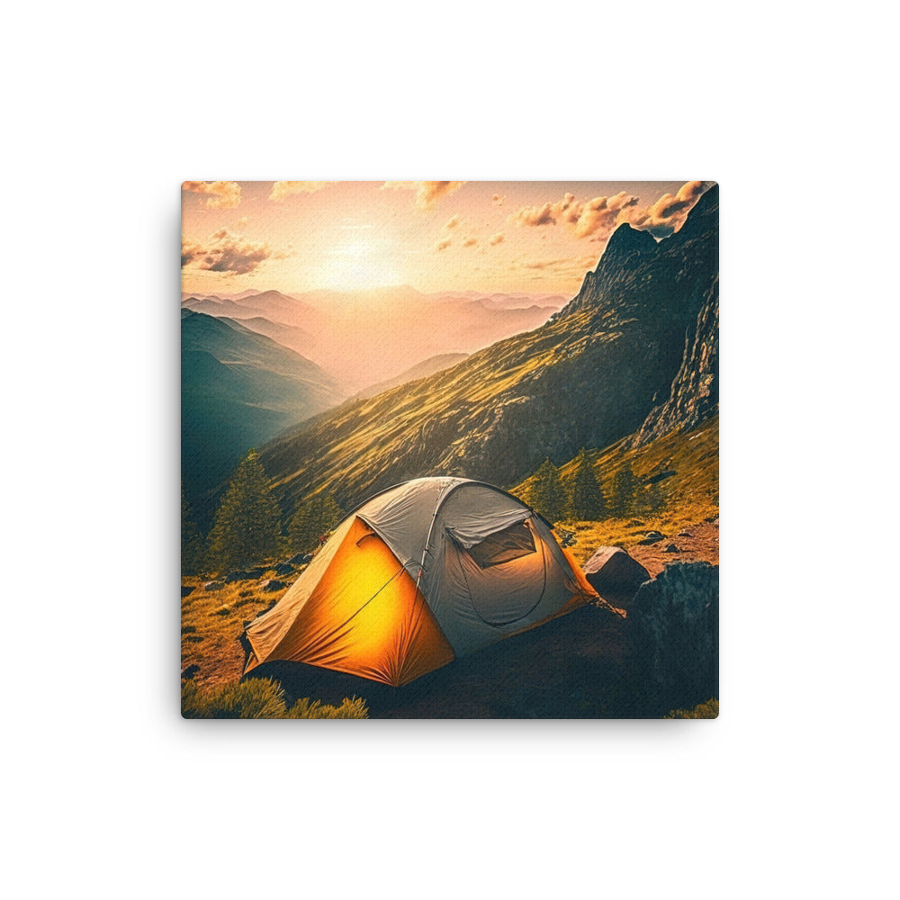 Zelt auf Berg im Sonnenaufgang - Landschafts - Dünne Leinwand camping xxx 30.5 x 30.5 cm
