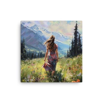 Frau mit langen Kleid im Feld mit Blumen - Berge im Hintergrund - Malerei - Dünne Leinwand berge xxx 30.5 x 30.5 cm