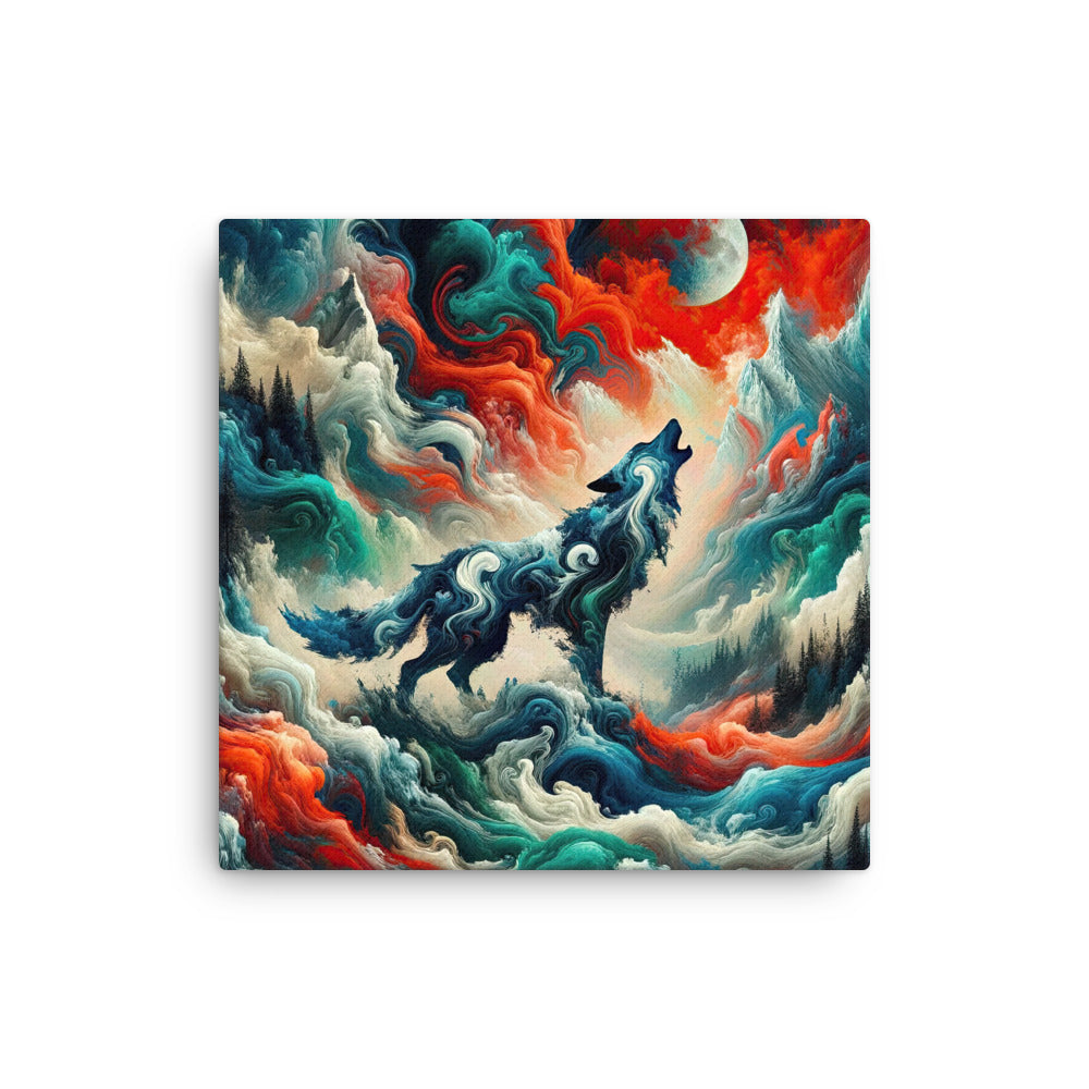 Abstrakte Kunst eines Wolfes in den Alpen mit Mustern aus eisigem Blau und Waldgrün verschmelzen mit feurigen Farben (AN) - Dünne Leinwand xxx yyy zzz 30.5 x 30.5 cm