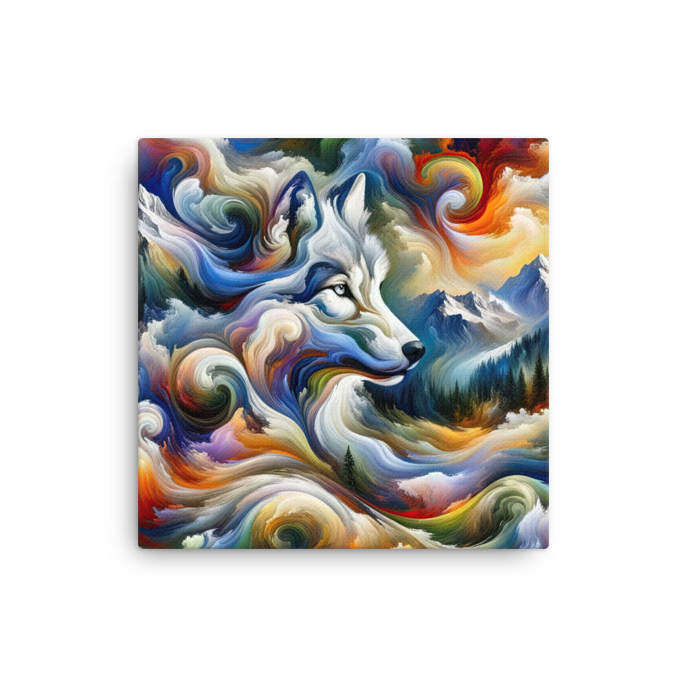 Abstraktes Alpen Gemälde: Wirbelnde Farben und Majestätischer Wolf, Silhouette (AN) - Dünne Leinwand xxx yyy zzz 30.5 x 30.5 cm