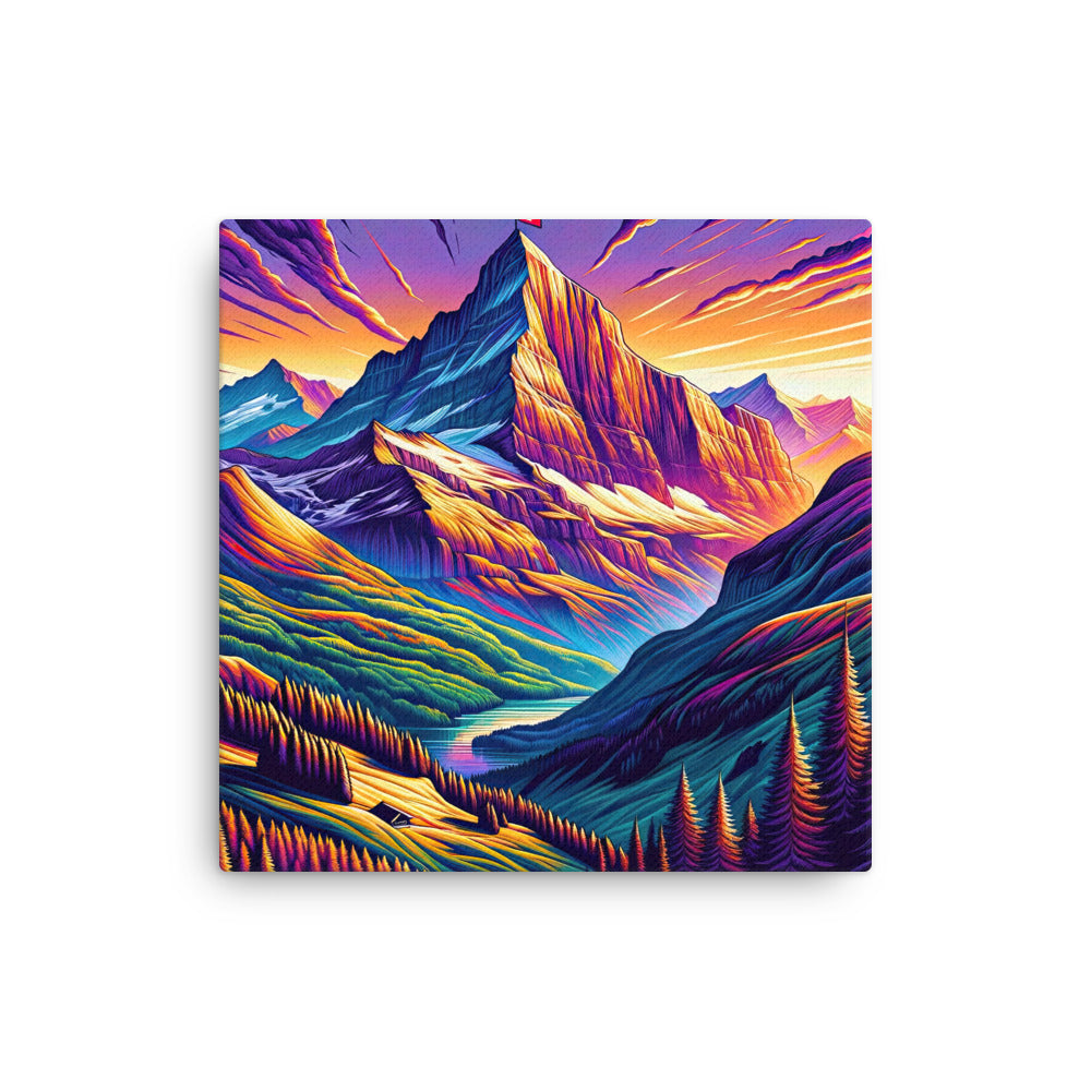 Bergpracht mit Schweizer Flagge: Farbenfrohe Illustration einer Berglandschaft - Dünne Leinwand berge xxx yyy zzz 30.5 x 30.5 cm