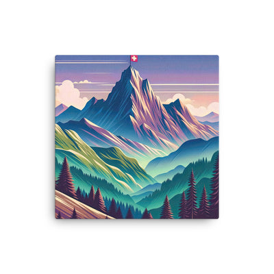 Harmonische Berglandschaft mit Schweizer Flagge auf Gipfel - Dünne Leinwand berge xxx yyy zzz 30.5 x 30.5 cm