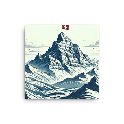 Ausgedehnte Bergkette mit dominierendem Gipfel und wehender Schweizer Flagge - Dünne Leinwand berge xxx yyy zzz 30.5 x 30.5 cm