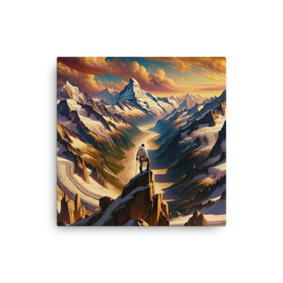 Ölgemälde eines Wanderers auf einem Hügel mit Panoramablick auf schneebedeckte Alpen und goldenen Himmel - Dünne Leinwand wandern xxx yyy zzz 30.5 x 30.5 cm