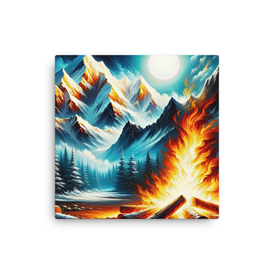 Ölgemälde von Feuer und Eis: Lagerfeuer und Alpen im Kontrast, warme Flammen - Dünne Leinwand camping xxx yyy zzz 30.5 x 30.5 cm