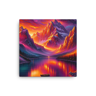 Ölgemälde eines Bootes auf einem Bergsee bei Sonnenuntergang, lebendige Orange-Lila Töne - Dünne Leinwand berge xxx yyy zzz 30.5 x 30.5 cm