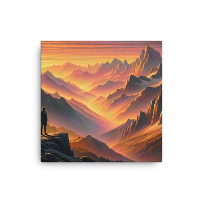Ölgemälde der Alpen in der goldenen Stunde mit Wanderer, Orange-Rosa Bergpanorama - Dünne Leinwand wandern xxx yyy zzz 30.5 x 30.5 cm