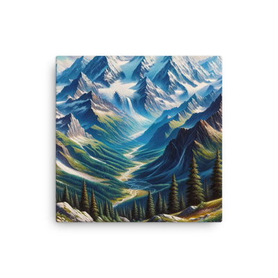 Panorama-Ölgemälde der Alpen mit schneebedeckten Gipfeln und schlängelnden Flusstälern - Dünne Leinwand berge xxx yyy zzz 30.5 x 30.5 cm
