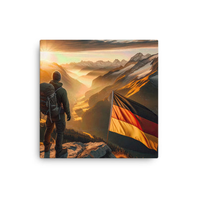 Foto der Alpen bei Sonnenuntergang mit deutscher Flagge und Wanderer, goldenes Licht auf Schneegipfeln - Dünne Leinwand berge xxx yyy zzz 30.5 x 30.5 cm