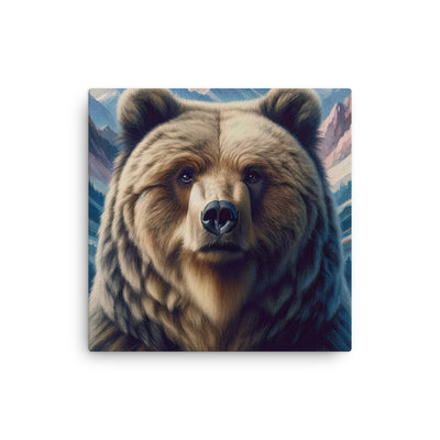 Foto eines Bären vor abstrakt gemalten Alpenbergen, Oberkörper im Fokus - Dünne Leinwand camping xxx yyy zzz 30.5 x 30.5 cm