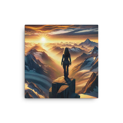 Fotorealistische Darstellung der Alpen bei Sonnenaufgang, Wanderin unter einem gold-purpurnen Himmel - Dünne Leinwand wandern xxx yyy zzz 30.5 x 30.5 cm