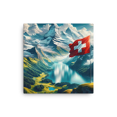 Ultraepische, fotorealistische Darstellung der Schweizer Alpenlandschaft mit Schweizer Flagge - Dünne Leinwand berge xxx yyy zzz 30.5 x 30.5 cm
