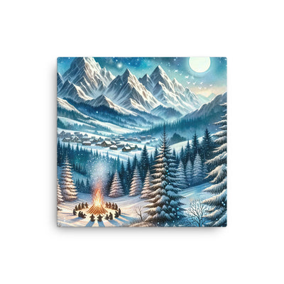 Aquarell eines Winterabends in den Alpen mit Lagerfeuer und Wanderern, glitzernder Neuschnee - Dünne Leinwand camping xxx yyy zzz 30.5 x 30.5 cm
