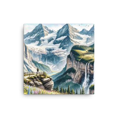 Aquarell-Panoramablick der Alpen mit schneebedeckten Gipfeln, Wasserfällen und Wanderern - Dünne Leinwand wandern xxx yyy zzz 30.5 x 30.5 cm