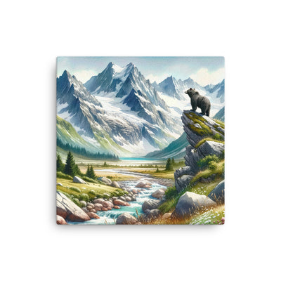 Aquarellmalerei eines Bären und der sommerlichen Alpenschönheit mit schneebedeckten Ketten - Dünne Leinwand camping xxx yyy zzz 30.5 x 30.5 cm