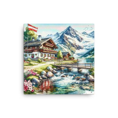 Aquarell der frühlingshaften Alpenkette mit österreichischer Flagge und schmelzendem Schnee - Dünne Leinwand berge xxx yyy zzz 30.5 x 30.5 cm
