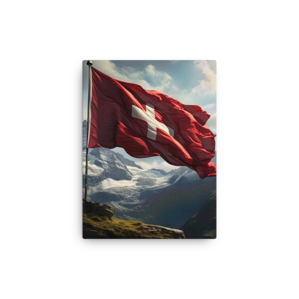 Schweizer Flagge und Berge im Hintergrund - Fotorealistische Malerei - Dünne Leinwand berge xxx 30.5 x 40.6 cm