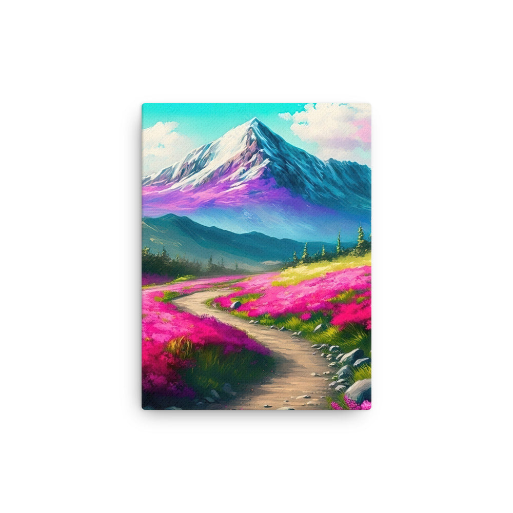 Berg, pinke Blumen und Wanderweg - Landschaftsmalerei - Dünne Leinwand berge xxx 30.5 x 40.6 cm