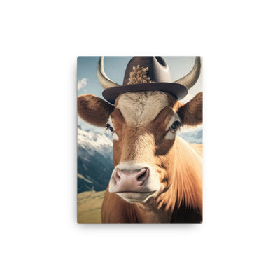 Kuh mit Hut in den Alpen - Berge im Hintergrund - Landschaftsmalerei - Dünne Leinwand berge xxx 30.5 x 40.6 cm
