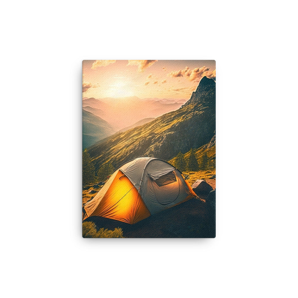 Zelt auf Berg im Sonnenaufgang - Landschafts - Dünne Leinwand camping xxx 30.5 x 40.6 cm