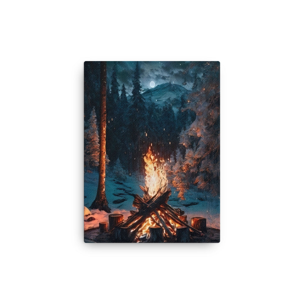 Lagerfeuer beim Camping - Wald mit Schneebedeckten Bäumen - Malerei - Dünne Leinwand camping xxx 30.5 x 40.6 cm