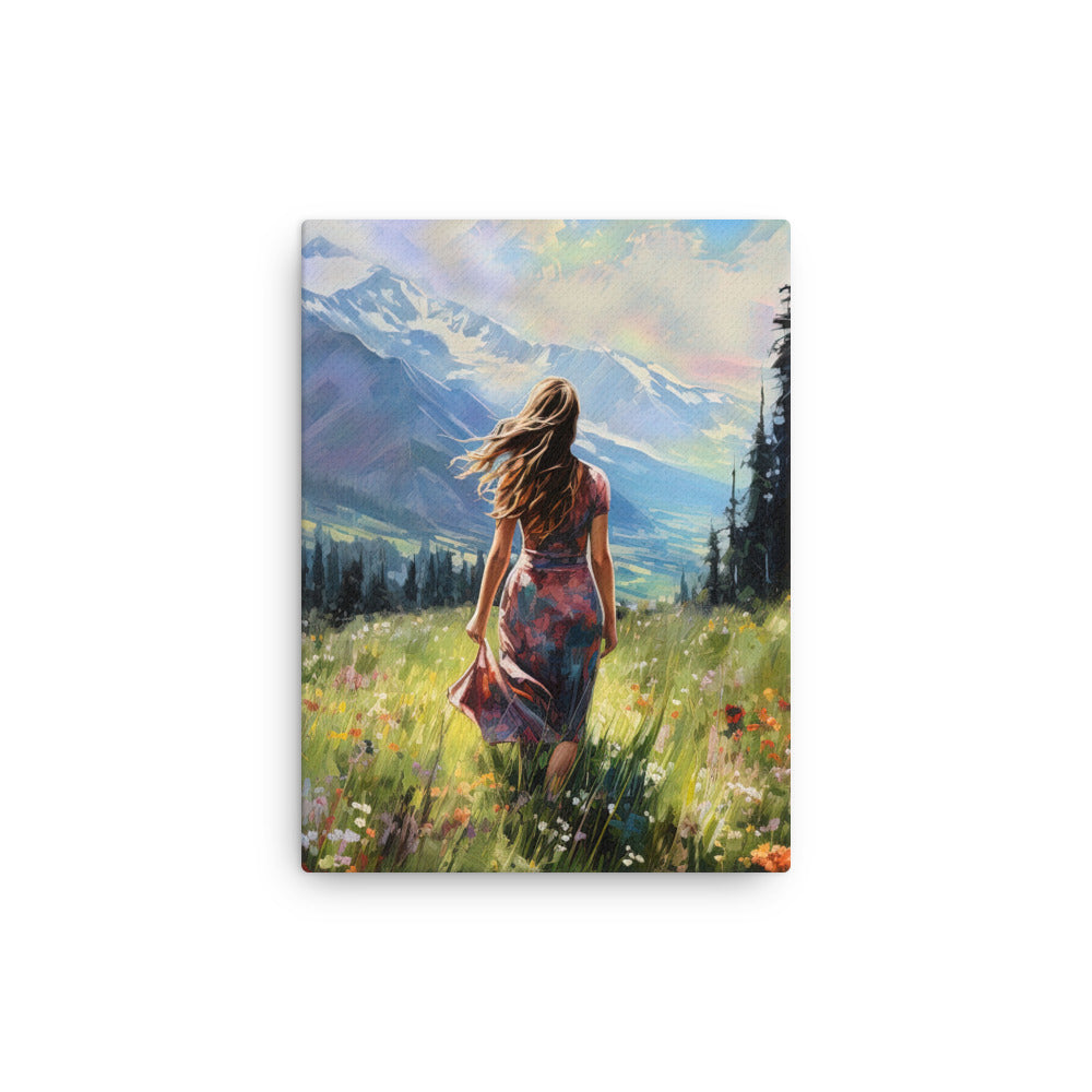 Frau mit langen Kleid im Feld mit Blumen - Berge im Hintergrund - Malerei - Dünne Leinwand berge xxx 30.5 x 40.6 cm