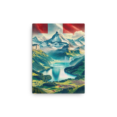 Berg Panorama: Schneeberge und Täler mit Schweizer Flagge - Dünne Leinwand berge xxx yyy zzz 30.5 x 40.6 cm