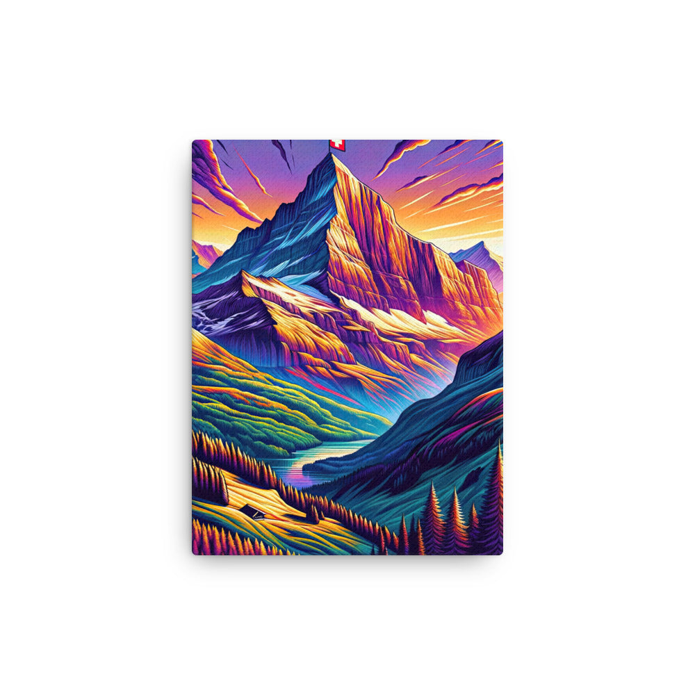 Bergpracht mit Schweizer Flagge: Farbenfrohe Illustration einer Berglandschaft - Dünne Leinwand berge xxx yyy zzz 30.5 x 40.6 cm