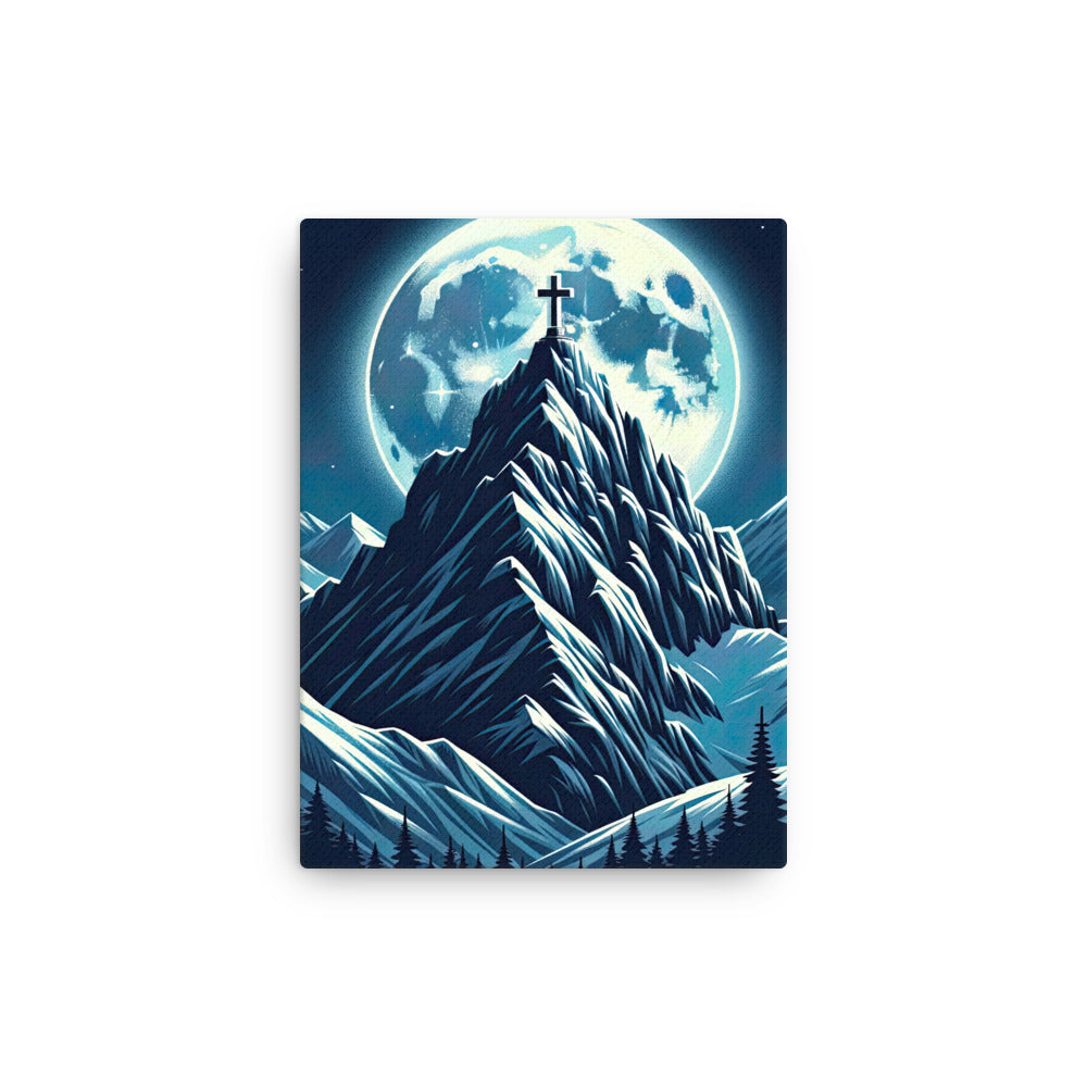 Mondnacht und Gipfelkreuz in den Alpen, glitzernde Schneegipfel - Dünne Leinwand berge xxx yyy zzz 30.5 x 40.6 cm