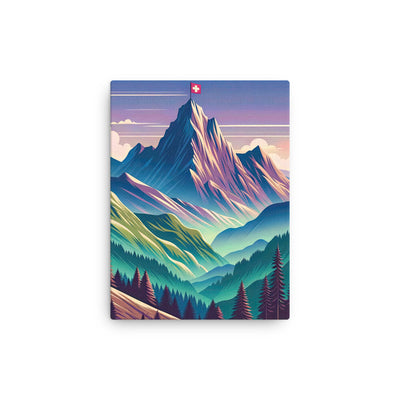 Harmonische Berglandschaft mit Schweizer Flagge auf Gipfel - Dünne Leinwand berge xxx yyy zzz 30.5 x 40.6 cm