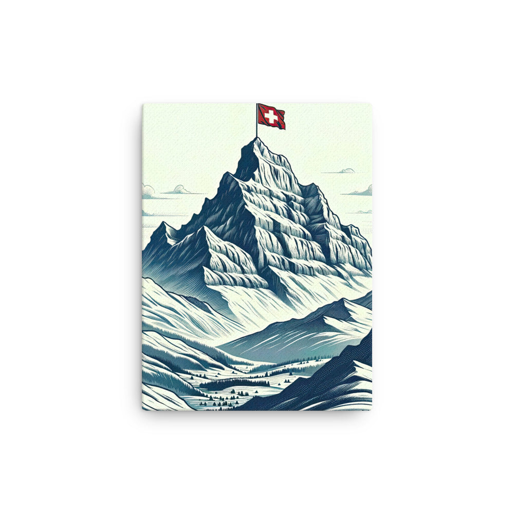 Ausgedehnte Bergkette mit dominierendem Gipfel und wehender Schweizer Flagge - Dünne Leinwand berge xxx yyy zzz 30.5 x 40.6 cm