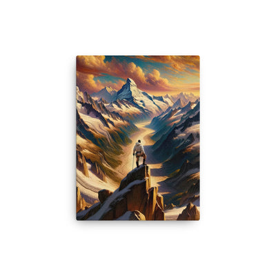 Ölgemälde eines Wanderers auf einem Hügel mit Panoramablick auf schneebedeckte Alpen und goldenen Himmel - Dünne Leinwand wandern xxx yyy zzz 30.5 x 40.6 cm